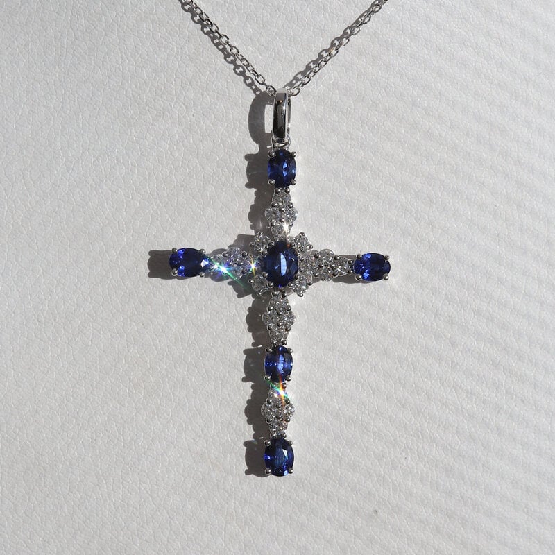 American Jewelry 14k White Gold 1.33ctw Sapphire .53ctw Diamond Cross Necklace