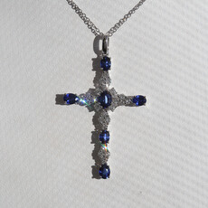 American Jewelry 14k White Gold 1.33ctw Sapphire .53ctw Diamond Cross Necklace