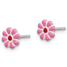 Sterling Silver Pink & Red Enamel Flower Stud Earrings
