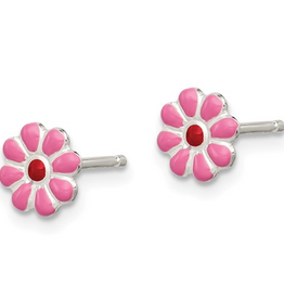 Sterling Silver Pink & Red Enamel Flower Stud Earrings