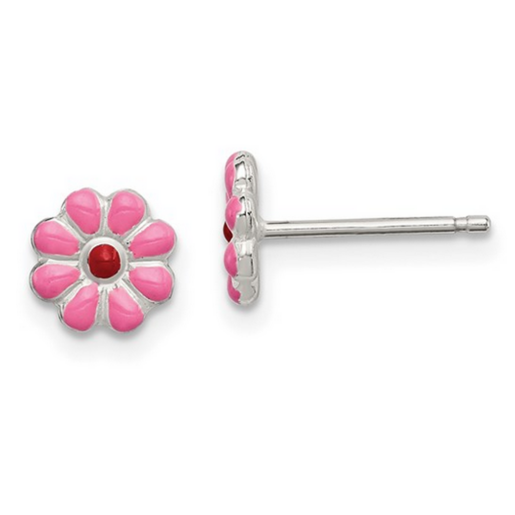 Sterling Silver Pink & Red Enamel Flower Stud Earrings