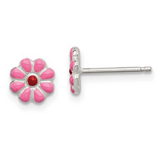 Sterling Silver Pink & Red Enamel Flower Stud Earrings