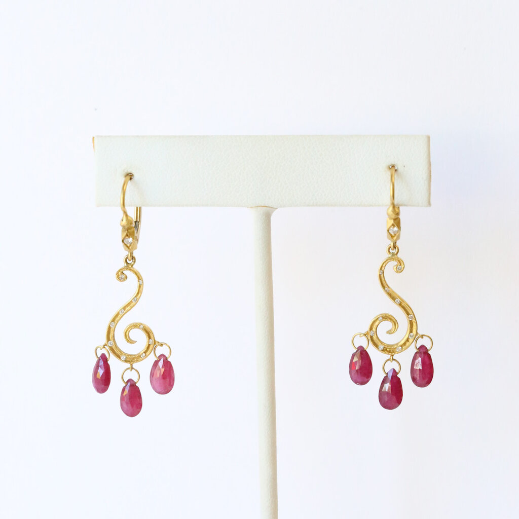 ESTATE 22k Yellow Gold Pear Ruby and Diamond Accented Dangle Earrings