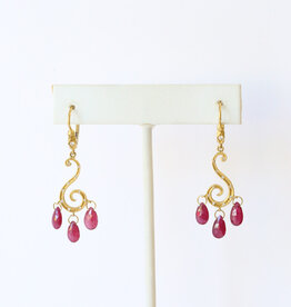 ESTATE 22k Yellow Gold Pear Ruby and Diamond Accented Dangle Earrings