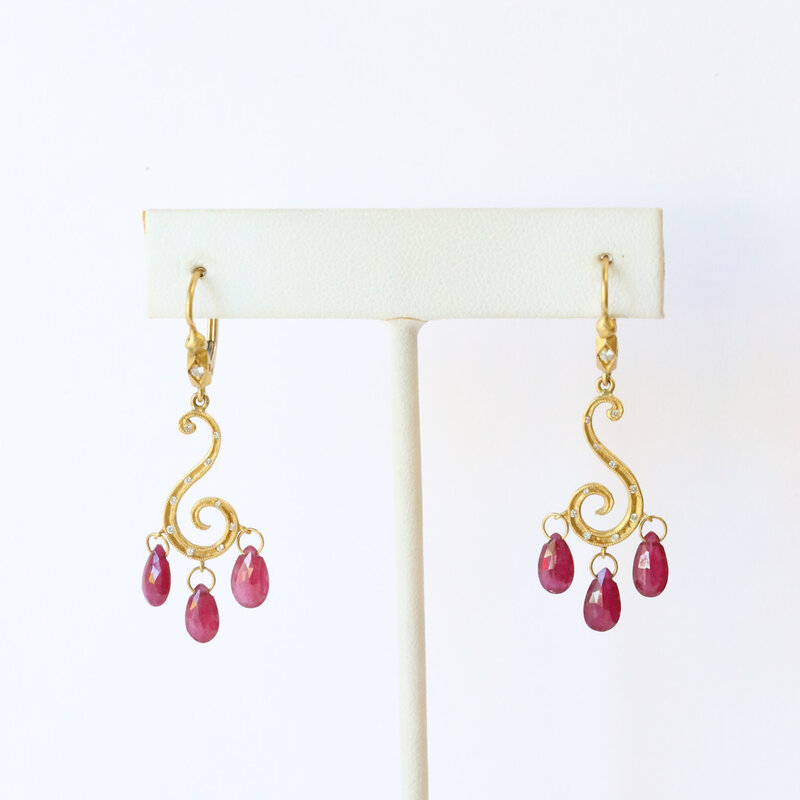 ESTATE 22k Yellow Gold Pear Ruby and Diamond Accented Dangle Earrings