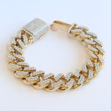American Jewelry 14k Yellow Gold 14.5ctw Round Diamond Pave Heavyweight Mens Curb Bracelet