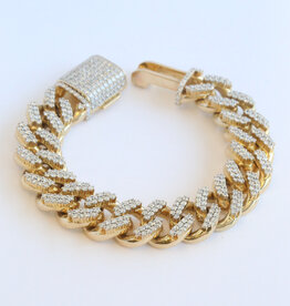 American Jewelry 14k Yellow Gold 14.5ctw Round Diamond Pave Heavyweight Mens Curb Bracelet