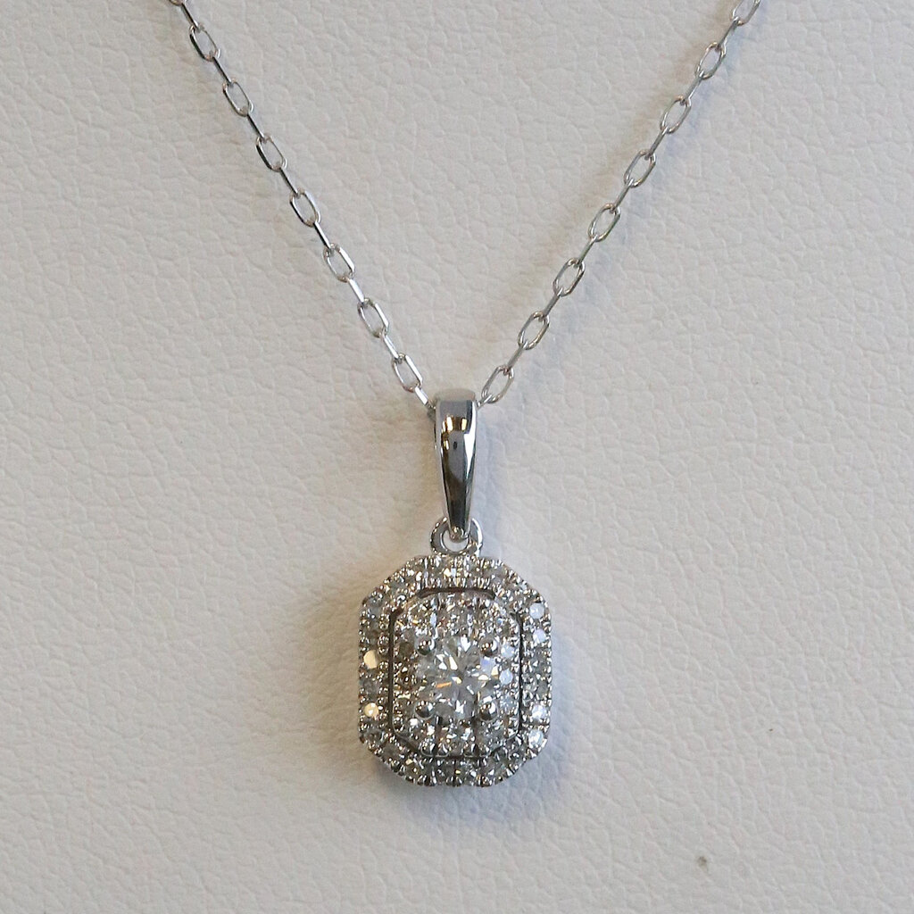 American Jewelry 14k White Gold .40ctw Diamond Round Diamond Double Emerald Halo Necklace