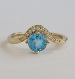 American Jewelry 14k Yellow Gold 1.07ct Blue Topaz .09ctw Diamond Wave Bypass Ring