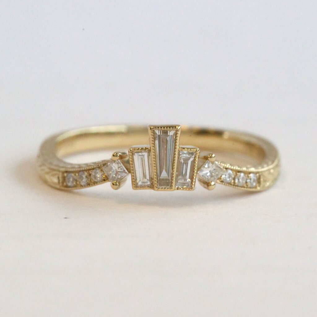 American Jewelry 14k Yellow Gold .33ctw Diamond Baguette & Round Milgrain Curved Contour Wedding Band