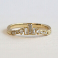 American Jewelry 14k Yellow Gold .33ctw Diamond Baguette & Round Milgrain Curved Contour Wedding Band