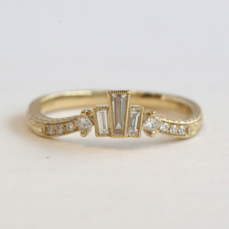 American Jewelry 14k Yellow Gold .33ctw Diamond Baguette & Round Milgrain Curved Contour Wedding Band