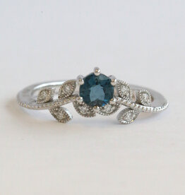 American Jewelry 14k White Gold .46ct London Blue Topaz .07ctw Diamond Milgrain Leaf Design Ring