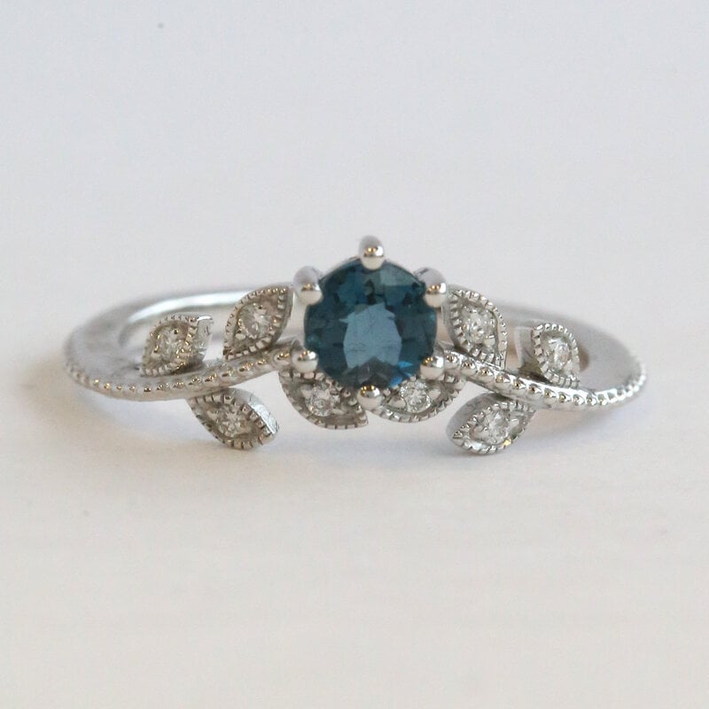 American Jewelry 14k White Gold .46ct London Blue Topaz .07ctw Diamond Milgrain Leaf Design Ring