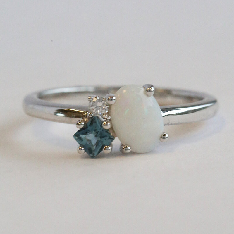 American Jewelry 14k White Gold .41ct Opal, .19ct London Blue Topaz, .04ct Diamond Ring