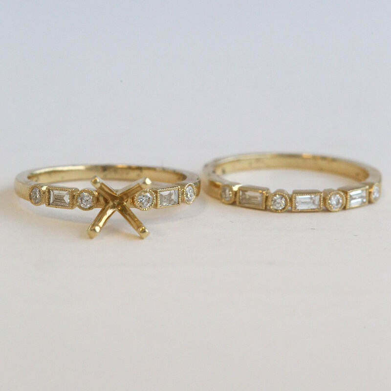 American Jewelry 14k Yellow Gold .46ctw Baguette & Round Diamond Milgrain Bezel Semi Mount Engagement Ring & Wedding Band Set