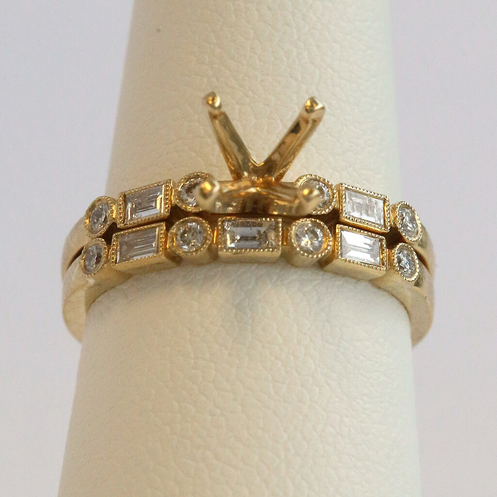 American Jewelry 14k Yellow Gold .46ctw Baguette & Round Diamond Milgrain Bezel Semi Mount Engagement Ring & Wedding Band Set