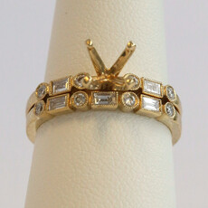 American Jewelry 14k Yellow Gold .46ctw Baguette & Round Diamond Milgrain Bezel Semi Mount Engagement Ring & Wedding Band Set