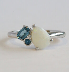American Jewelry 14k White Gold .62ct Opal, .32ct London Blue Topaz, Diamond Accent Ring