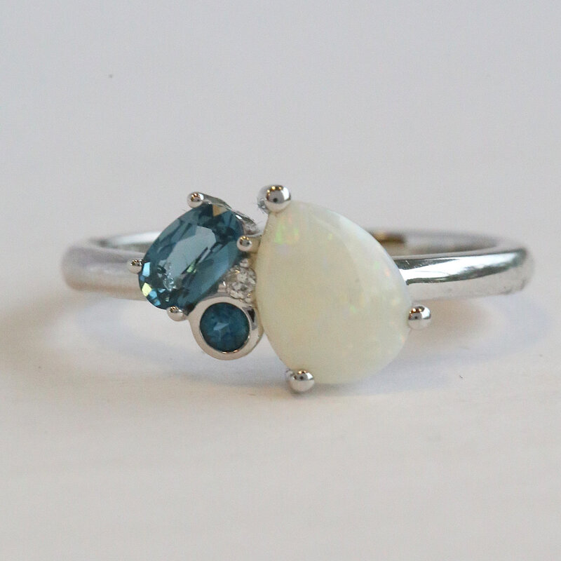 American Jewelry 14k White Gold .62ct Opal, .32ct London Blue Topaz, Diamond Accent Ring