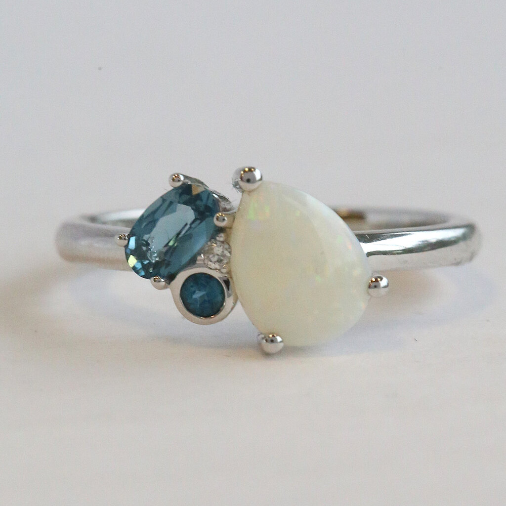 American Jewelry 14k White Gold .62ct Opal, .32ct London Blue Topaz, Diamond Accent Ring