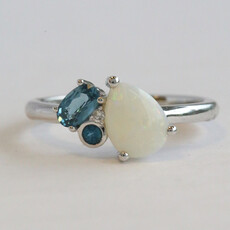American Jewelry 14k White Gold .62ct Opal, .32ct London Blue Topaz, Diamond Accent Ring