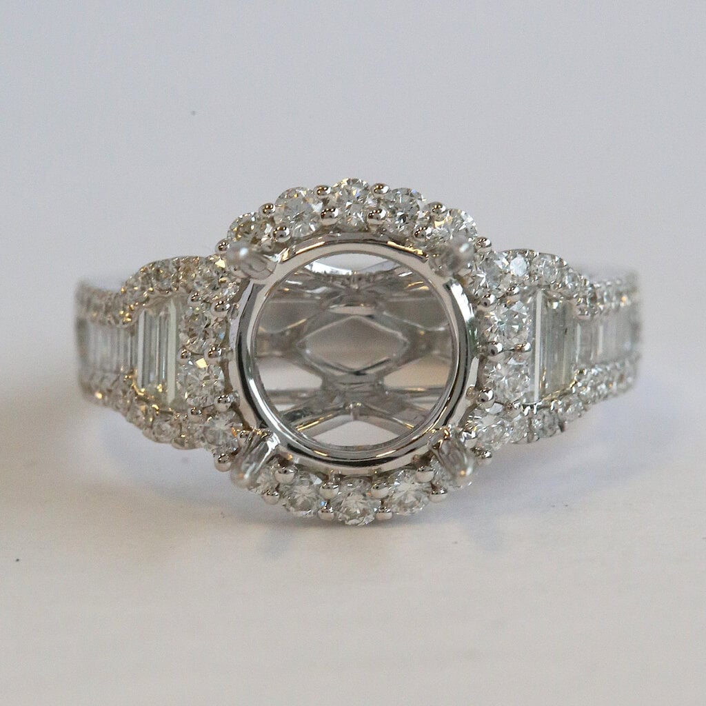 American Jewelry 18k White Gold 1.22ctw Baguette & Round Diamond Halo Semi Mount Engagement Ring