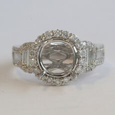 American Jewelry 18k White Gold 1.22ctw Baguette & Round Diamond Halo Semi Mount Engagement Ring