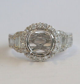 American Jewelry 18k White Gold 1.22ctw Baguette & Round Diamond Halo Semi Mount Engagement Ring