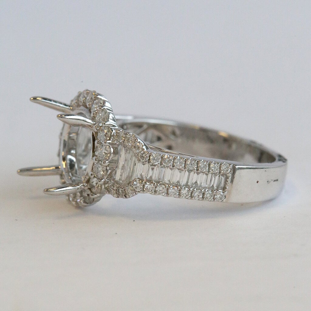 American Jewelry 18k White Gold 1.22ctw Baguette & Round Diamond Halo Semi Mount Engagement Ring