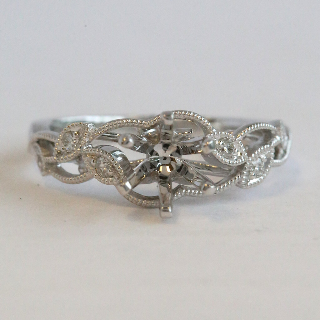 American Jewelry 14k White Gold .10ctw Diamond Milgrain Leaf Design Semi Mount Engagement Ring