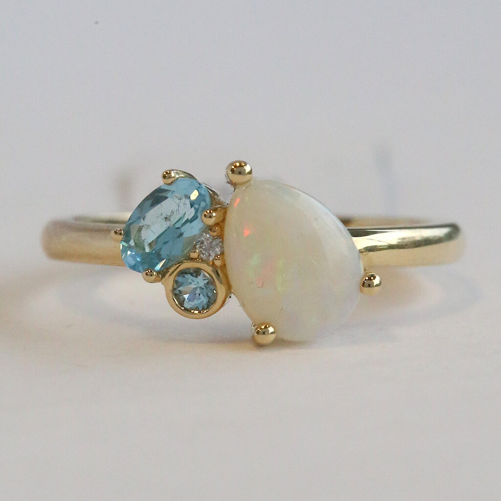 American Jewelry 14k Yellow Gold .62ct Opal, .32ctw Blue Topaz, Diamond Ring