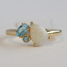 American Jewelry 14k Yellow Gold .62ct Opal, .32ctw Blue Topaz, Diamond Ring