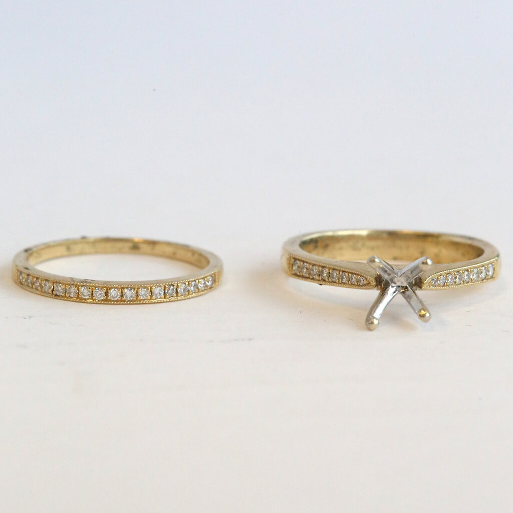 American Jewelry 14k Yellow Gold .25ctw Diamond Milgrain Semi  Mount Engagement Ring & Wedding Band Set