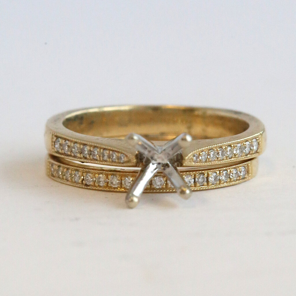 American Jewelry 14k Yellow Gold .25ctw Diamond Milgrain Semi  Mount Engagement Ring & Wedding Band Set