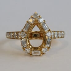 American Jewelry 18k Yellow Gold 1.10ctw Baguette & Round Diamond Pear Halo Semi Mount Engagement Ring