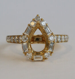 American Jewelry 18k Yellow Gold 1.10ctw Baguette & Round Diamond Pear Halo Semi Mount Engagement Ring