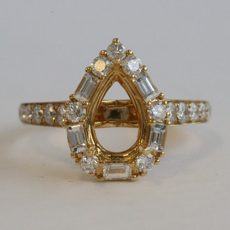 American Jewelry 18k Yellow Gold 1.10ctw Baguette & Round Diamond Pear Halo Semi Mount Engagement Ring