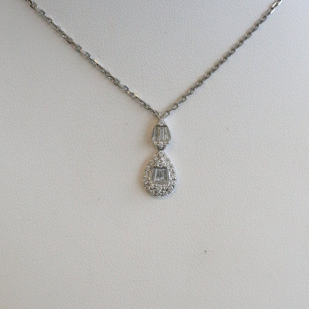 American Jewelry 18k White Gold .40ctw Diamond Baguette & Round Cut Pear Necklace