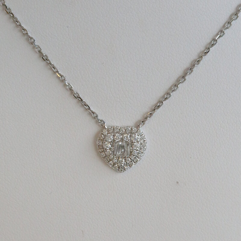 American Jewelry 18k White Gold .47ctw Diamond Baguette & Round Heart Necklace
