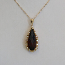 American Jewelry 14k Yellow Gold 5.32ct Garnet .13ctw Diamond Checkerboard Cut Pear Milgrain Halo Necklace