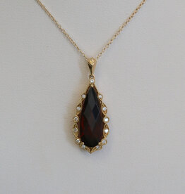 American Jewelry 14k Yellow Gold 5.32ct Garnet .13ctw Diamond Checkerboard Cut Pear Milgrain Halo Necklace
