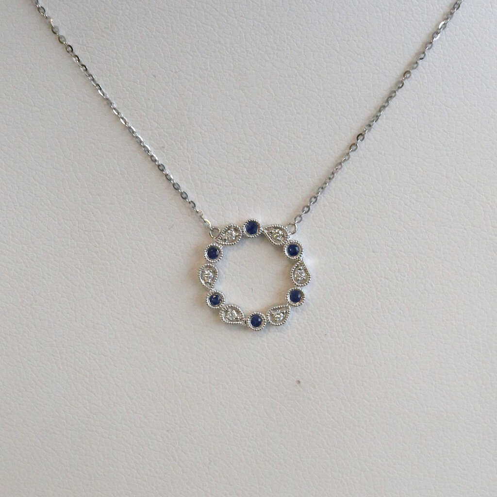 American Jewelry 14k White Gold .08ctw Sapphire .04ctw Diamond Milgrain Open Circle Necklace