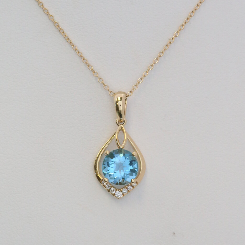 American Jewelry 14k Yellow Gold 1.66ct Swiss Blue Topaz .05ctw Diamond Accent Open Design Necklace
