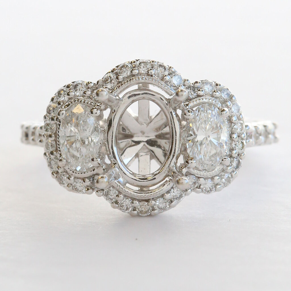 American Jewelry 18k White Gold 1.46ctw Diamond Past Present Future  Halo Semi Mount Engagement Ring