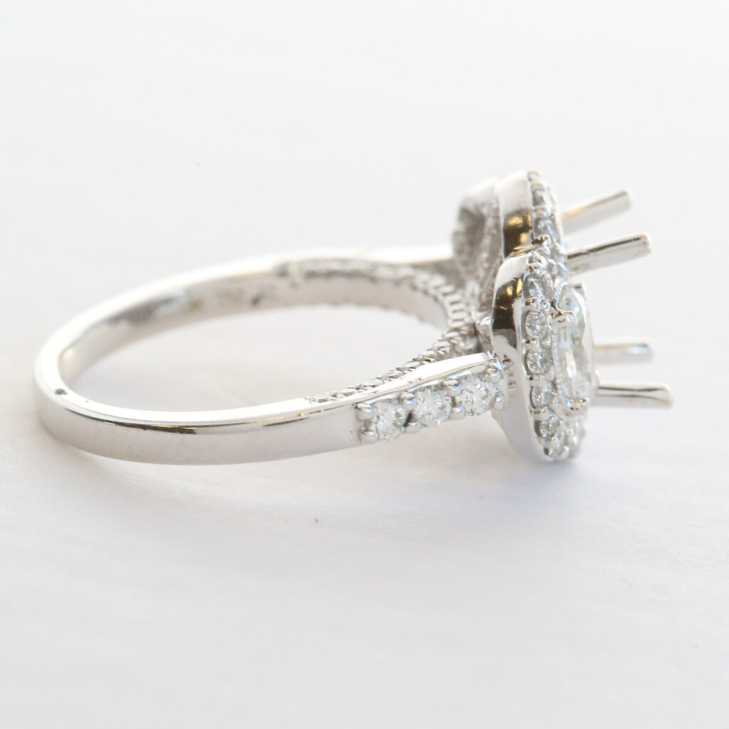 American Jewelry 18k White Gold 1.46ctw Diamond Past Present Future  Halo Semi Mount Engagement Ring