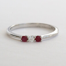 American Jewelry 18k White Gold .16ctw Ruby .05ct Diamond 3 Stone Petite Ring