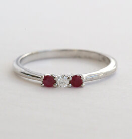 American Jewelry 18k White Gold .16ctw Ruby .05ct Diamond 3 Stone Petite Ring