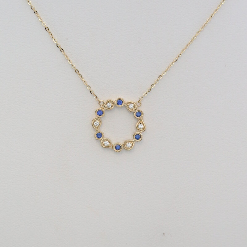American Jewelry 14k Yellow Gold .08ctw Sapphire .04ctw Diamond Milgrain Open Circle Necklace