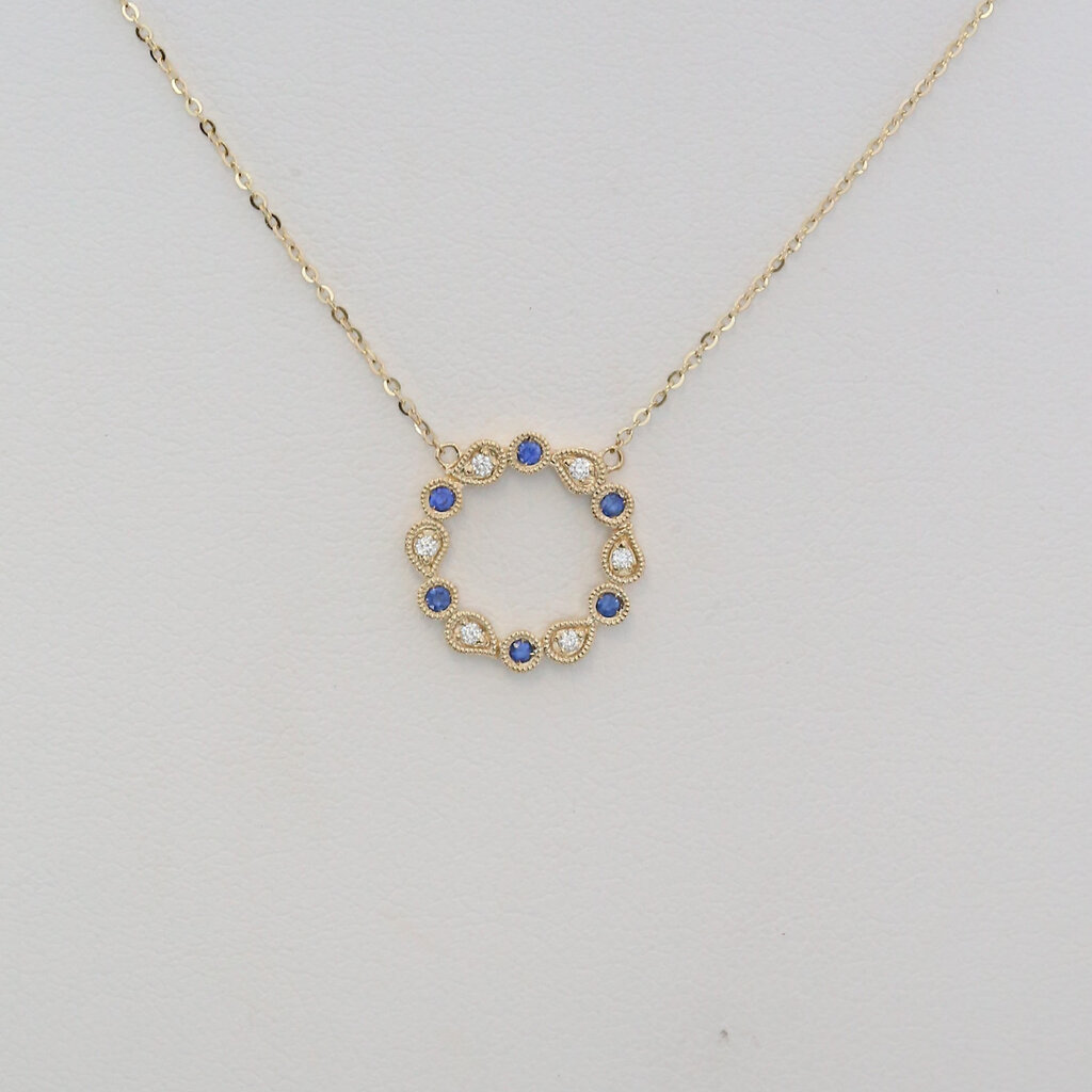 American Jewelry 14k Yellow Gold .08ctw Sapphire .04ctw Diamond Milgrain Open Circle Necklace